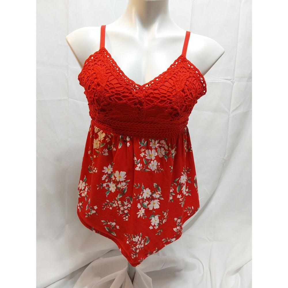 NOBO Juniors XSmall (1) Red Floral Crochet Hanky Hem Babydoll Top #L101